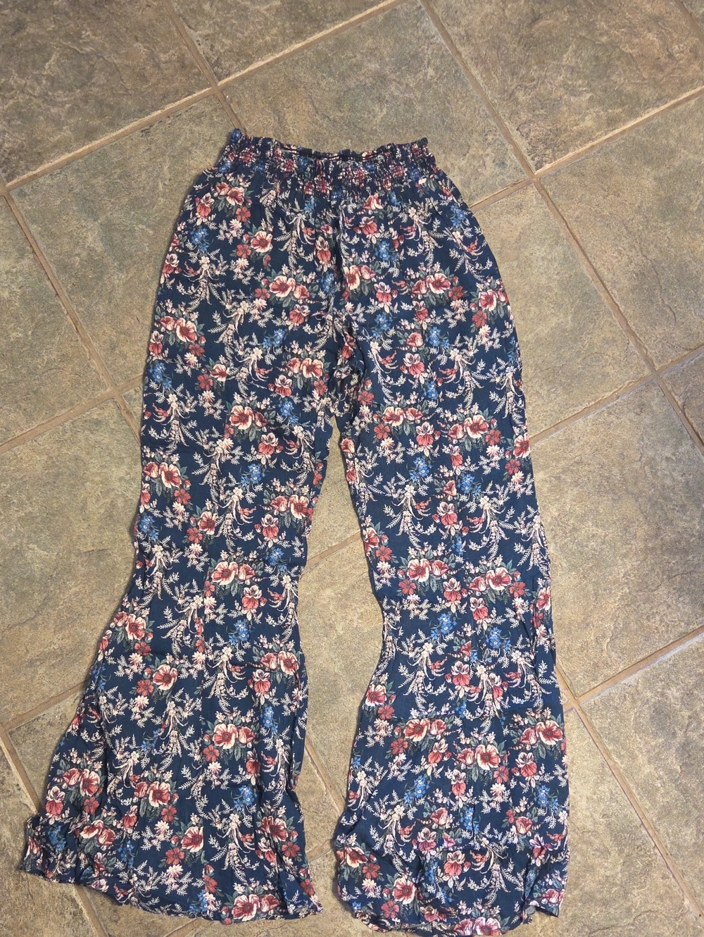 Astr Navy Floral Wide-Leg Pull-On Pants with Pink & Cream Blooms
